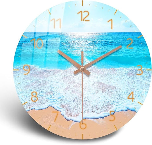 Modern Round Wall Clock 14 inch Wooden Beach Wall-Clock with Tempered Film Silent Analog Clock for Bedroom, Office, Living Room Decor