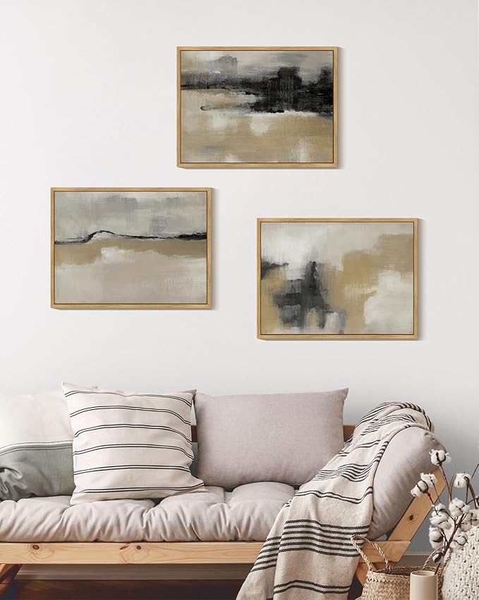 KUVIOKE Black Abstract Framed Wall Art Neutral Graffiti Pastel Minimalist Wall Decor Modern Art Painting for Bedroom Living Room 11x14in (Natural Framed)