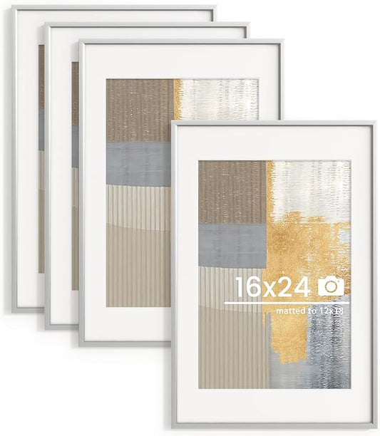 16x24 inch Metal Poster Frame - 16 x 24 Thin Aluminum Picture Frames Matted for 12x18 Photos, Artworks, Prints, Puzzle - High Definition Plexiglass - Vertical and Horizontal Display - Wall Hook Hanging Hardware Included - Silver, 4 Pack