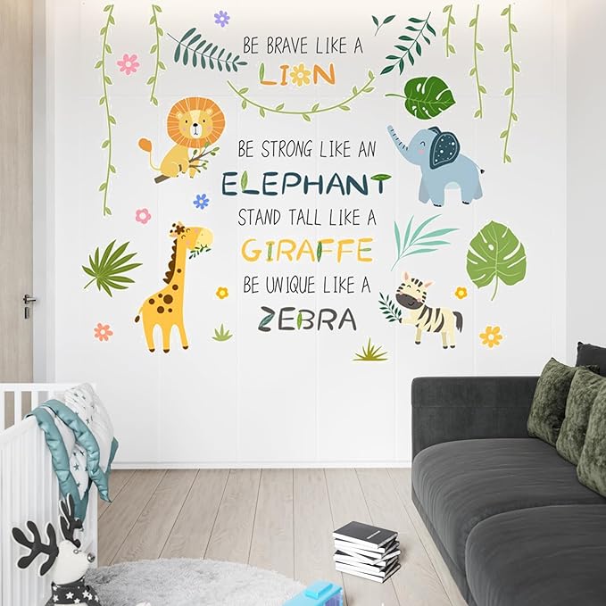 Cute Jungle Theme Wall Stickers Removable Animal Forest Wall Decals Elephant Monkey Lion Giraffe Zebra Peel and Stick Tropical Wall Art Decor for Nursery Bedroom Classroom (Green)