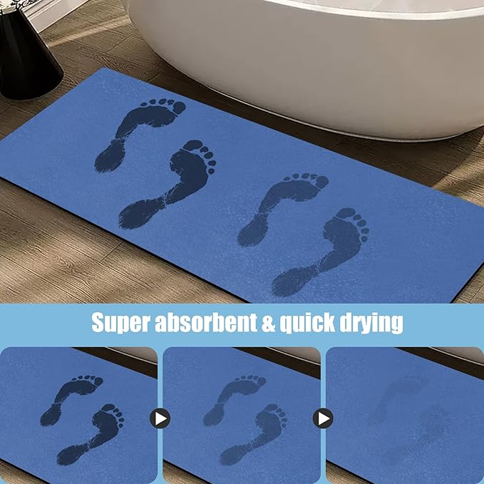 Extra Long Bathroom Rugs Diatomaceous Earth Bath mat Super Absorbent Quick Dry Non Slip Bath Mat Thin Runner Rug Fit Under Door-Shower Rug for in Front of Bathtub Shower, Blue, 23.6"x66.9"