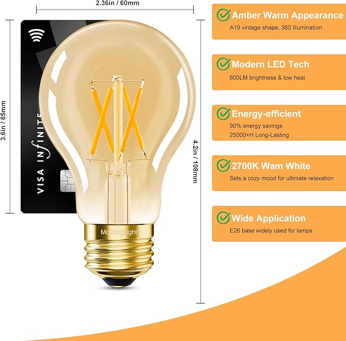 MorningLight 6 Pack Dimmable A19 LED Edison Bulbs 60W Equivalent, 6W 2700K Warm White Vintage LED Light Bulbs, A19 Classic Decorative Amber E26 Light Bulb 60W for Pendant, Sputnik Chandelier, 600LM