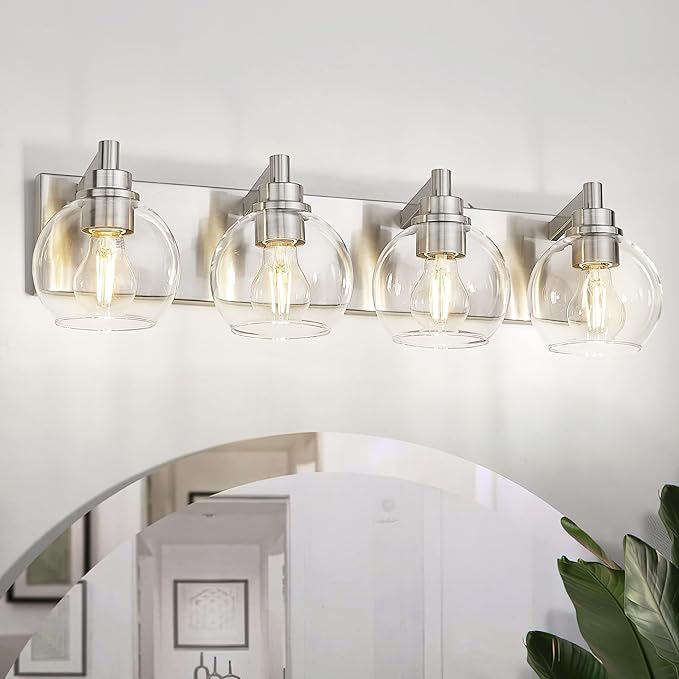 Bathroom Light Fixtures, 4 Light Brushed Nickel Vanity Light, 26 Inch Modern Wall Sconces with Globe Clear Glass Shade, Vanity Lighting Fixtures Over Mirror, VL195-BN-CL-4