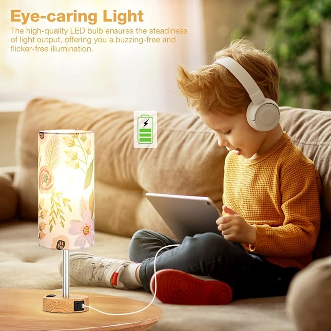 Floral Touch Lamp for Bedroom- 3 Way Dimmable Bedside Lamp USB C A Charging Ports and AC Outlet, Small Table Lamp Floral Linen Lampshade for Gift, LED Bulb Included