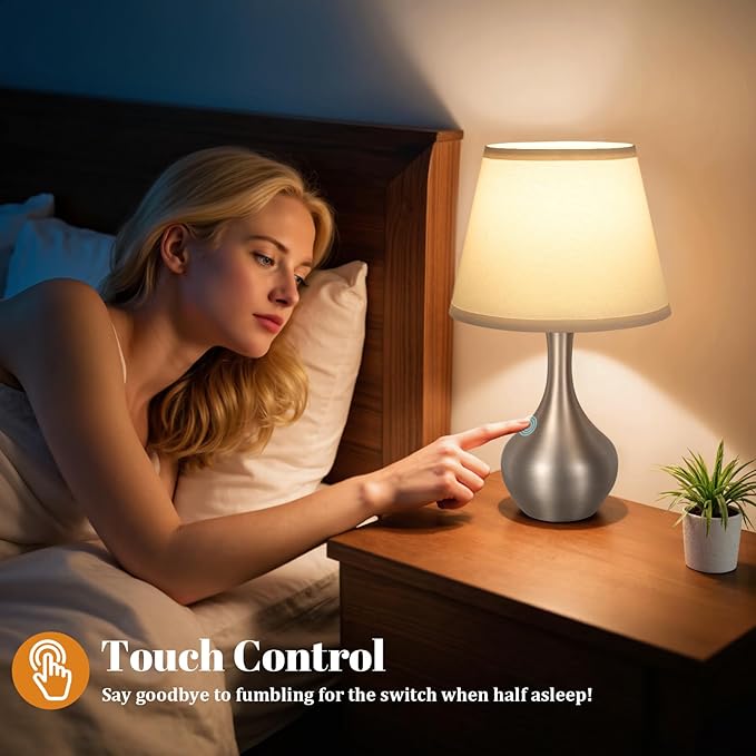 Seealle Touch Table Lamps for Bedroom Set of 2,3-Way Dimmable Small Bedside Lamps for Night Stands with Wires, Silver Desk Lamps for Kids Room,Office,Living Room, End Table(LED Bulbs Included)