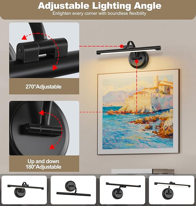 Black Picture Lights for Paintings Hardwired LED Wall Art Lighting 15.75" Dimmable Full Metal Gallery Light Modern Portrait Artwork Picture Frame Light with Single Swing Arm, 9W, 2700K, Warm White