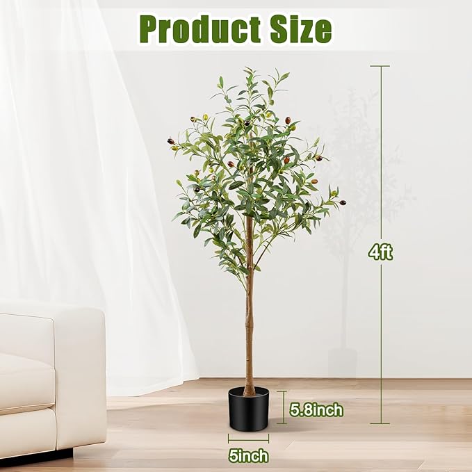 4FT Artificial Olive Tree Indoor, Tall Faux Olive Tree with Pot&Basket, Large Fake Olive Tree with Realistic 576 Silk Leaves and 32 Fruits for Living Room Home Office Decor