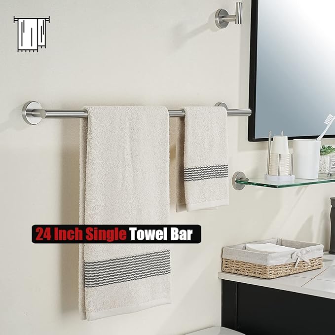 JQK Bath Towel Bar, 27 Inch 304 Stainless Steel Thicken 0.8mm Towel Rack Bathroom, Towel Holder Brushed Finished Wall Mount, Useable Length 24 Inch, TB110L24-BN