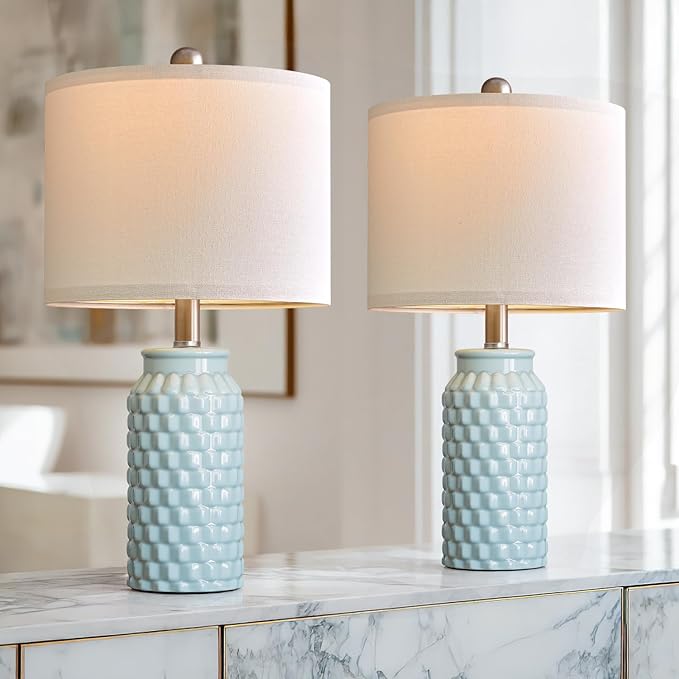 20.5" Light Blue Modern Ceramic Bedside Lamp Set of 2 for Bedroom Decor Farmhouse Table Lamp for Living Room Office Dorm
