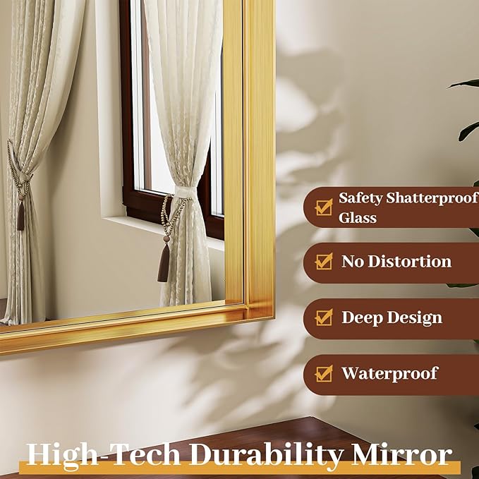 26" x 38" Luxury Arched Bathroom Mirror - Arch Wall Mirror with Shatterproof Tempered Glass and Metal Deep Frame, Hanging or Leaning for Living Room, Dresser, Entrance and Hallway, Gold