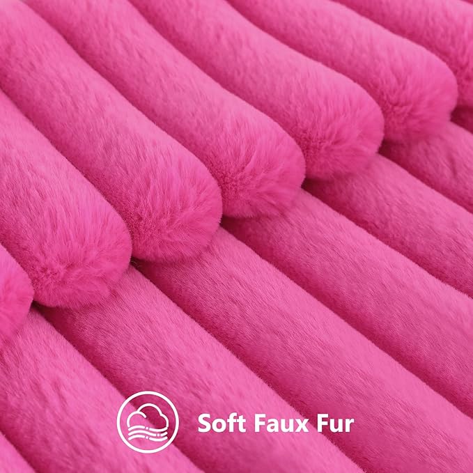 decorUhome Faux Fur Throw Pillow Covers 26x26 Set of 2, Decorative Soft Plush Striped Neutral Couch Euro Pillow Covers with Velvet Back for Sofa, Bed, Living Room Home Decor, Hot Pink