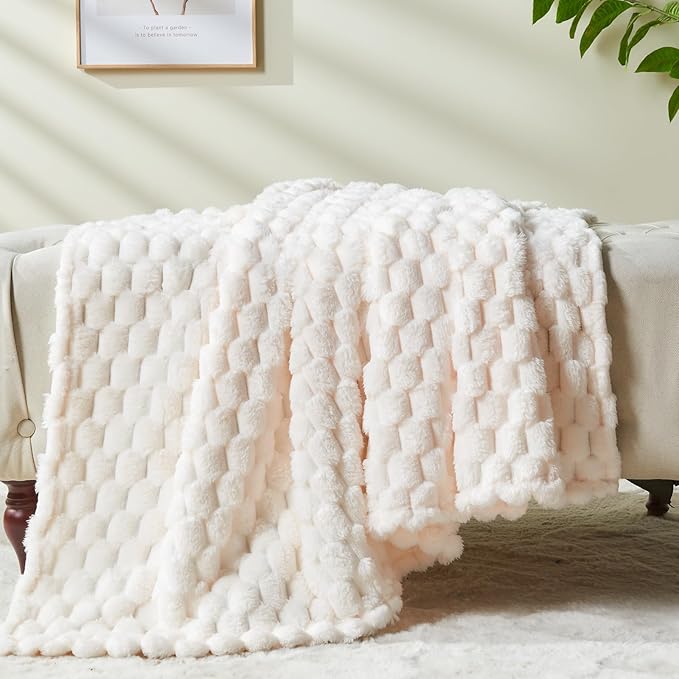NEWCOSPLAY Super Soft Throw Blanket Ivory Premium Silky Flannel Fleece 3D Clouds Stylish Jacquard Lightweight Bed Blanket All Season Use 350GSM (Ivory, Throw(50"x60"))