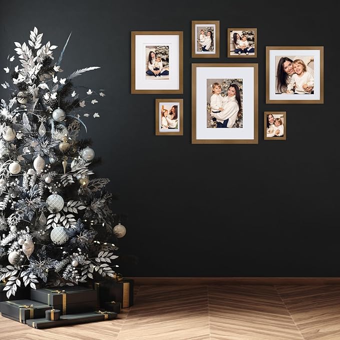 Egofine 11x11 Picture Frames 4 Pack Covered by Plexiglass, Display Pictures 8x8 with Mat or 11x11 Without Mat Made of Solid Wood for Table Top Display and Wall Mounting Photo Frame, Light Brown