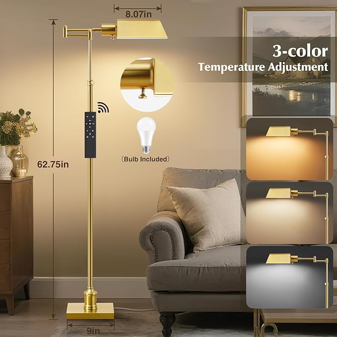 GyroVu Traditional Height Adjustable Pharmacy Floor Lamp with 350° Swing Arm, 3 Color Temperature Adjustable Standing Lamp Metal Shade for Living Room Reading House Bedroom Home Office(Gold)