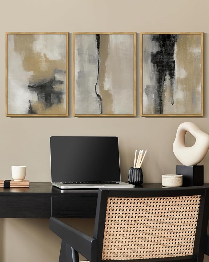 KUVIOKE Black Abstract Framed Wall Art Neutral Graffiti Pastel Minimalist Wall Decor Modern Art Painting for Bedroom Living Room 11x14in (Natural Framed)