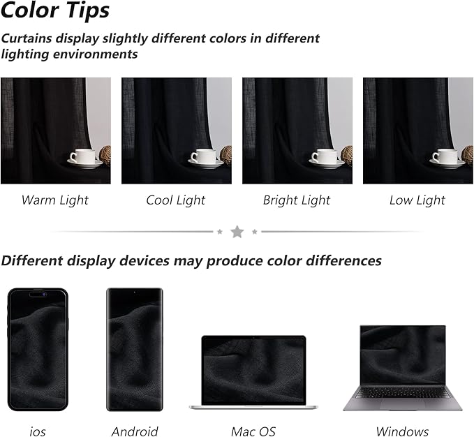 Guken Black Linen Curtains 120 Inch Length for Living Room Bedroom 2 Panels Set Rod Pocket Light Filtering Semi Sheer Window Curtains 52 Inch Width Boho Farmhouse Linen Drapes, W52xL120