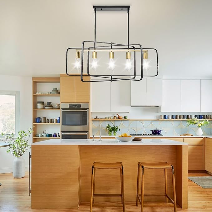 Black and Gold Farmhouse Chandeliers for Dining Room, 5-Light Kitchen Island Lighting, Rustic Rectangle Linear Pendant Lights, Large Dining Room Light Fixture/High Ceiling Chandelier Over Table