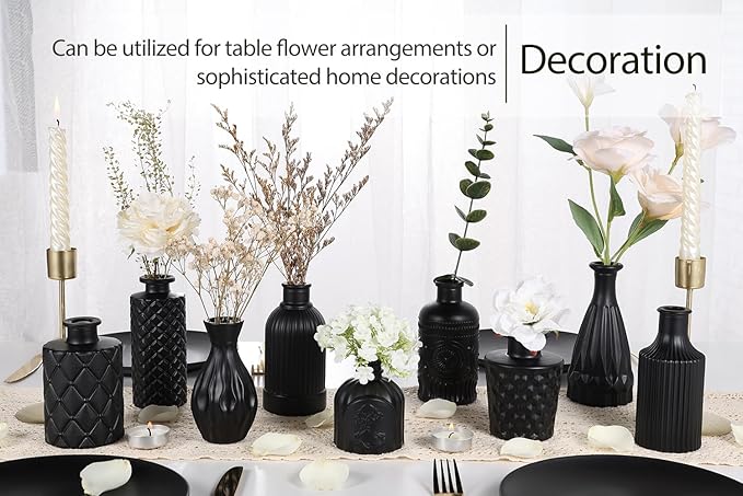 12pcs Glass Black Bud Vases Set, Small Vases for Flowers, Bud Vase for Centerpieces in Bulk, Mini Vintage Vase for Rustic Wedding Decorations, Office and Home Table Flower Décor