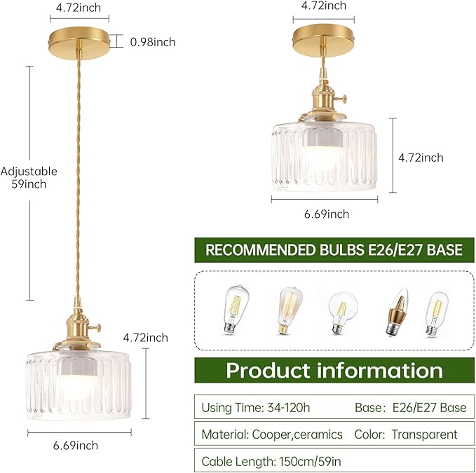 Battery Operated Pendant Light 5000mAh Rechargeable Chandelier with Remote Control Wireless Adjustable Hanging Clear Striped Light for Kitchen Island Dining Room Hallway