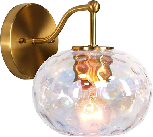 Gold Wall Sconce Light Colorful Hammered Glass Vanity Lighting Brushed Brass Wall Lamp for Bathroom Over Mirror