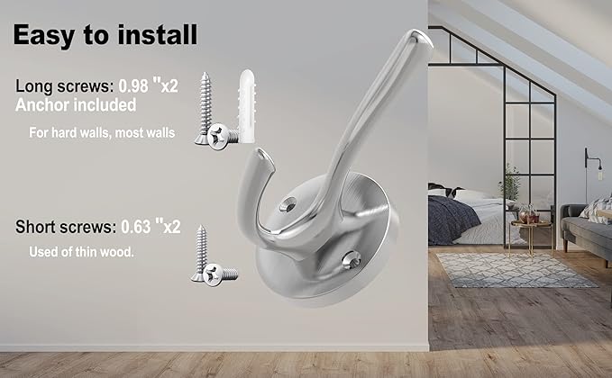 Brushed Nickel Wall Hooks Towel Hooks, 2 Pack Coat Robe Hook Heavy Duty Bathroom Double Hook Wall Mounted, Hand Towel Hooks for Closet Entryway Cubicle Kitchen