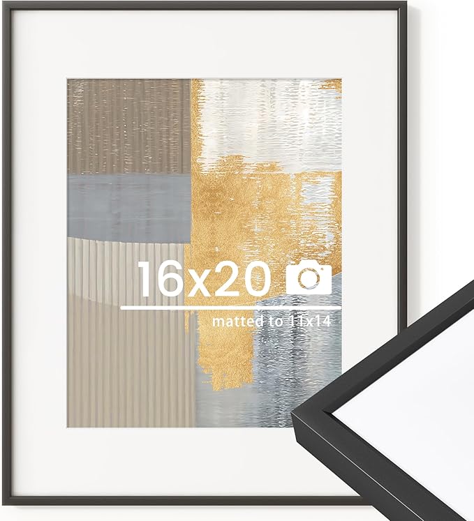 16x20 inch Metal Picture Frame - 16 x 20 Thin Aluminum Photo Frames with 11x14 Removable Mat - High Definition Plexiglass - Vertical and Horizontal Display - Wall Hook Hanging Hardware Included - Black, Set of 1