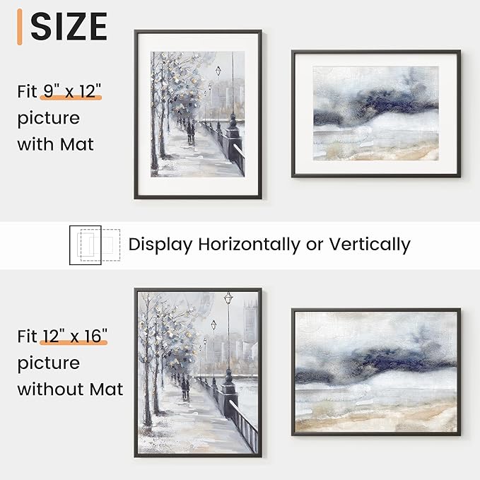 12x16 inch Metal Picture Frame - 12 x 16 Thin Aluminum Photo Frames with 9x12 Removable Mat - High Definition Plexiglass - Vertical and Horizontal Display - Wall Hook Hanging Hardware Included - Black, Set of 4