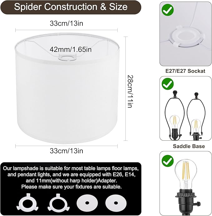 White Lamp Shade, Large Drum Lampshade 13" Top x 13" Bottom x 11" High (Spider), Replacement Lamp Shade Natural Linen Hand Crafted for Table Lamps Floor Lamps Chandelier Lamp, Easy Assembly Required