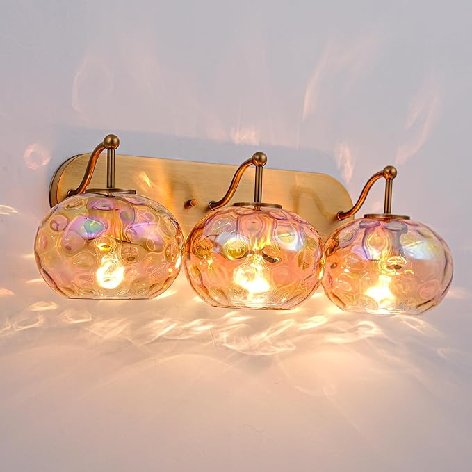 23" Brushed Gold Vanity Light Stained Amber Hammered Glass Wall Sconce 3-Light Brass Wall Lamp for Hallway Living Room Stairwell Bathroom Over Mirror