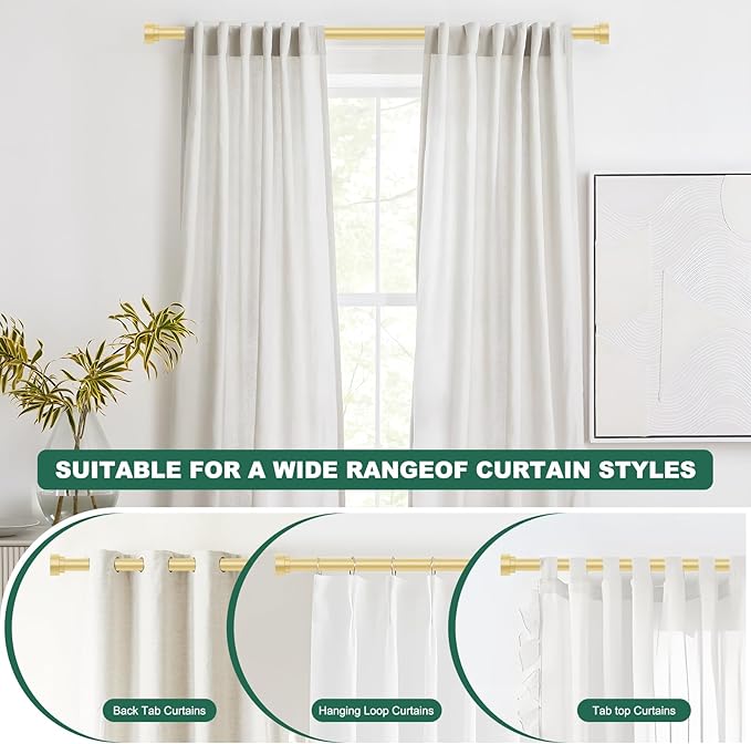 HEI! DEAR Gold Curtain Rods 48 to 84 Inch(4-7FT),1 Inch Heavy Duty Curtain Rods,Adjustable Curtain Rod Set,Modern Decorative Drapery Rods,Telescoping Single Window Curtains Rods 36-88",Brass Gold