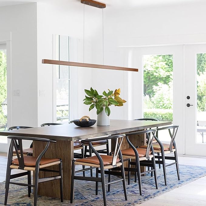 55 Inch Wood Linear Pendant Light Dimmable LED Kitchen Island Lighting with Remote Adjustable Hanging Chandelier for Dining Room Bar Pool Table 30W Modern Farmhouse Fixture Walnut Color