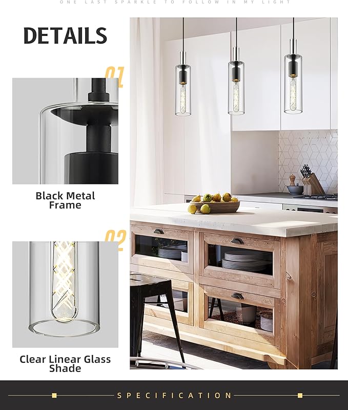AUTELO 3-Pack Pendant Lights, Black Pendant Lights Kitchen Island, Modern Pendant Light Fixtures with Clear Cylinder Glass, Kitchen Pendant Lighting Over Island, H3875 BK-3PK