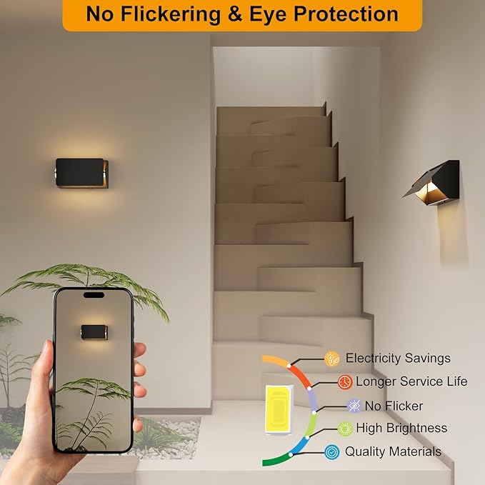 Indoor Modern Led Aluminum Wall Sconces,18W 5CCT 3000K-6000K Dimmable Hardwired Wall Light with Rotatable Lampshade,Contemporary Wall Lamp for Bedroom Living Room Hallway Stairway(Black,2Pack)