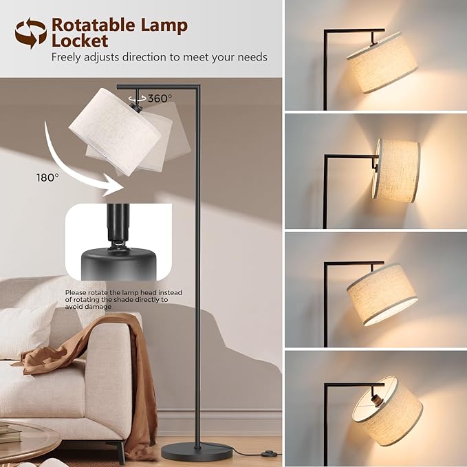 Floor Lamps with Remote Control and Stepless Dimmable Color Temperature and Brightness Standing Lamp with Adjustable Beige Linen Lampshade Pole Lamp for Bedroom Office, 9W Bulb Included, Black