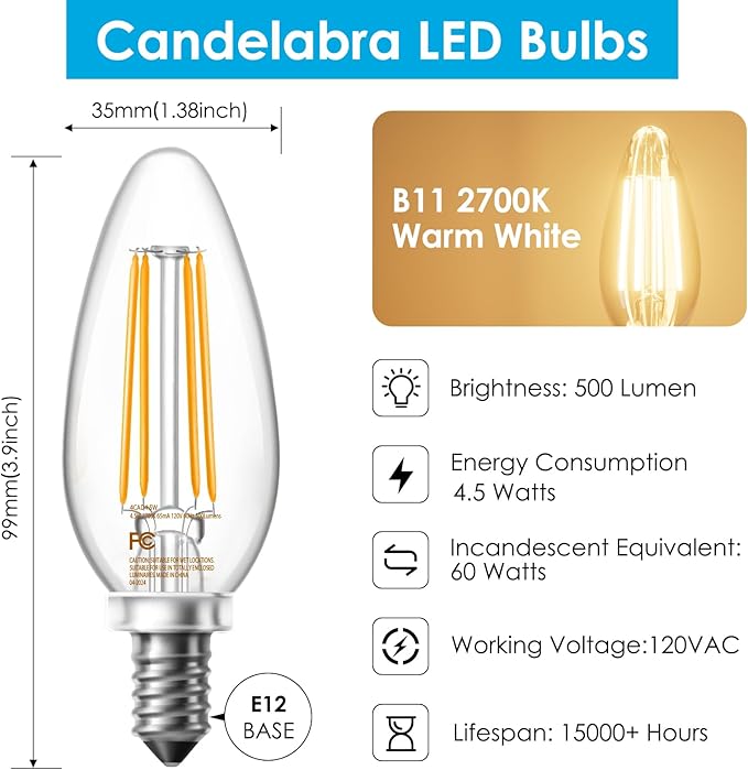 VOLIVO Dimmable E12 LED Candelabra Bulbs 60Watt Equivalent, 2700K Warm White, 500Lumens, 4.5W B11 Vintage Chandelier Light Bulbs, LED Filament Clear Glass Candle Lamp for Ceiling Fan Home Decor, 6Pack