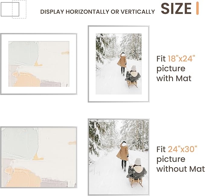 24x30 Aluminum Picture Frame - with Mat for 18x24 Photo or Without Mat for 24 x 30 Photo, Metal Poster Frame with High Definition Plexiglass, Wall Mounting or Tabletop Display, Silver, Set of 1