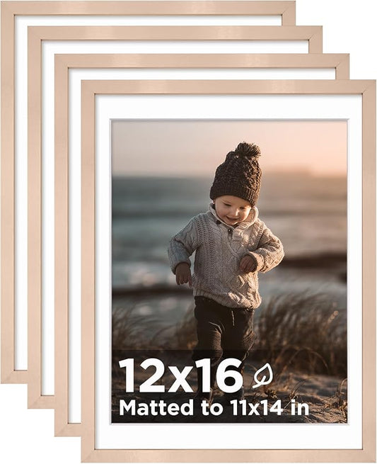 KINLINK 12x16 Picture Frame Rose Gold, Wooden 16x12 Photo Frames with Plexiglass for 11x14 Picture with Mat or 12x16 Without Mat, Perfect for Art Wall and Tabletop Display 12 x 16 frame Set of 4