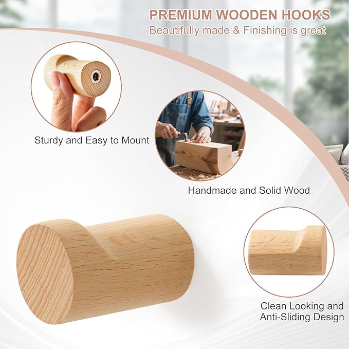 Wood Wall Hooks for Hanging, 6 Pack Rustic Coat Hooks Wall Mount, Handmade Wooden Pegs Hat Hook, Entryway Walls Hanger for Coat Purse, Boho Bathroom Towel Rack (Beech Wood)