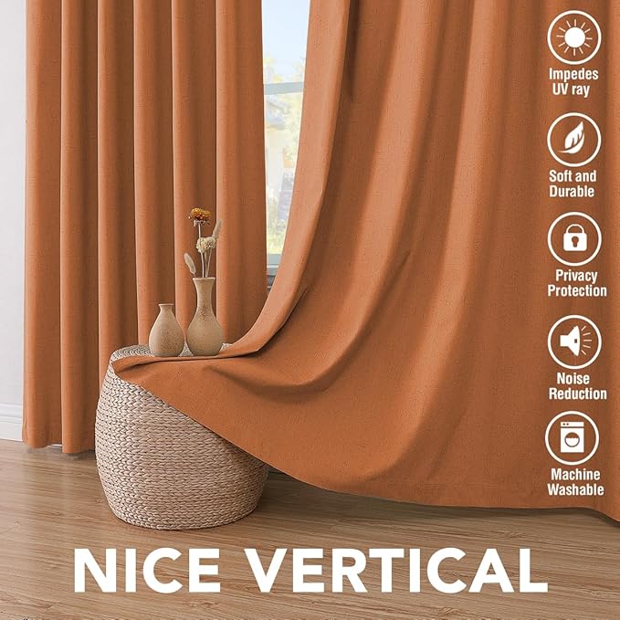 H.VERSAILTEX 100% Blackout Curtains for Bedroom Thermal Insulated Linen Textured Curtains Heat and Full Light Blocking Drapes Living Room Curtains 2 Panel Sets, 42x45 Inch, Orange