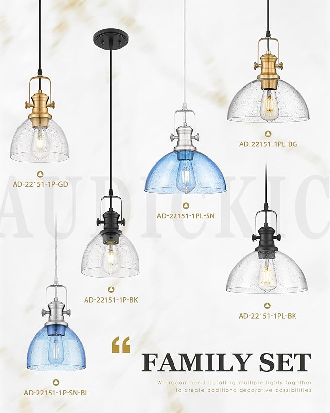 Pendant Lights Kitchen Island, 7.5" Farmhouse Pendant Lighting with Blue Seeded Glass Shade, Vintage Hanging Light Fixtures for Dining Room, Brushed Nickel Finish, AD-22151-1P-SN-BL