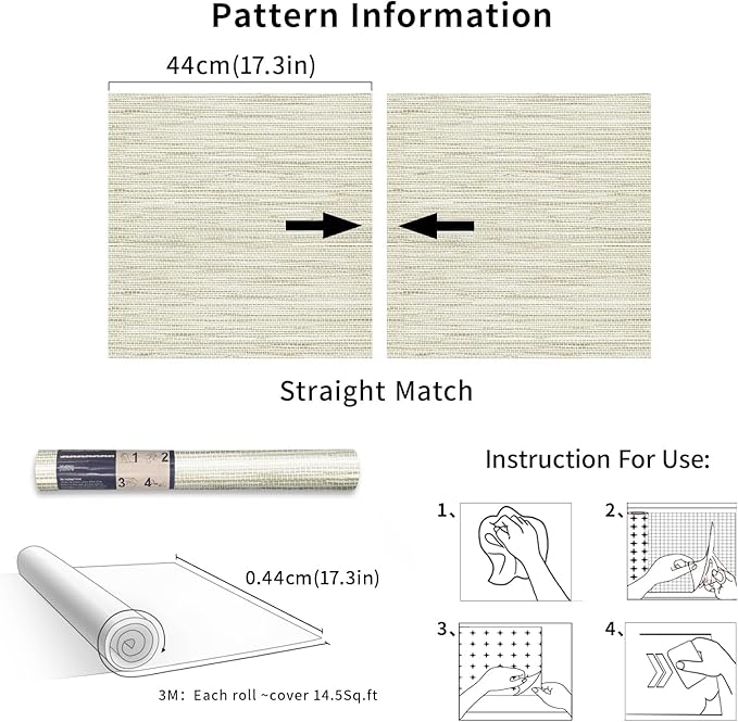 Simon&Siff Cream Textured Grasscloth Peel and Stick Wallpaper 17.7"x118" Neutral Faux Grassweave Waterproof Self Adhesive Removable Fabric Wallpaper Wall Mural for Bedroom Kitchen Cabinet