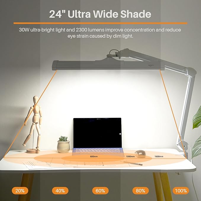 LED Architect Desk Lamp with Clamp, Metal Swing Arm 2300 Lumens Dimming Office Table Lamp for Task Work Drafting Reading Desktop, 180PCS Bright LEDs, 30W Workbench Lamp(White)
