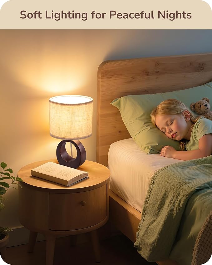 EDISHINE 13.4" Wood Table Lamp, Small Bedside Lamp with Beige Linen Lampshade & ON-Off Switch, E26 Base, Modern Nightstand Lamp for Living Room, Bedroom, Dark Walnut