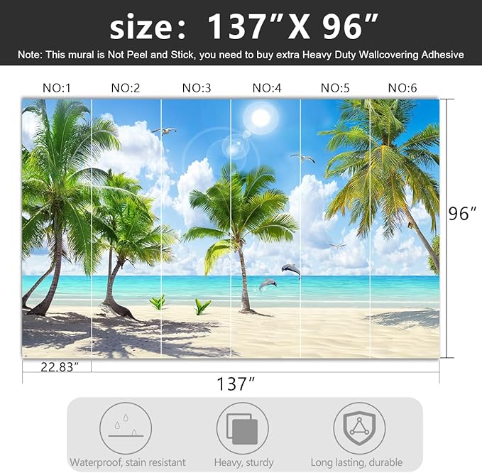 -Tropical Beach Palm Leaves Living Room Fabric Wallpaper Ocean Dolphin Plants Boys Girls Kids Room Bathroom Bedroom Large Mural- 137"x96"（ not Peel and Stick）