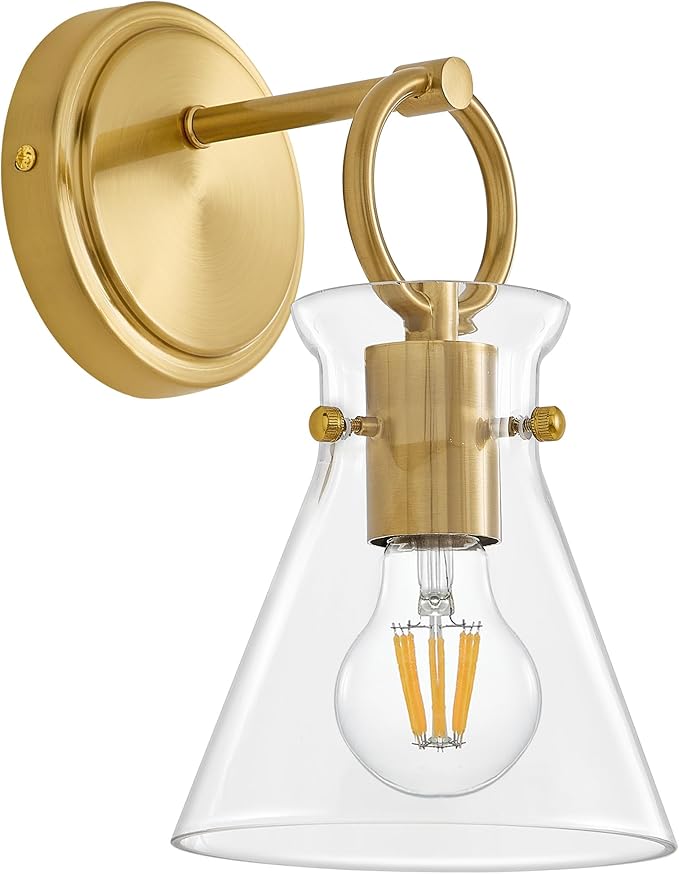 Gold Wall Sconce 1-Light Hardwired Wall Mount Modern Farmhouse Vanity Light Fixtures with 6 Inch Clear Glass Shade, Wall Lights for Bathroom, Bedroom, Living Room, Mirror, Kitchen, Lighting Lamp