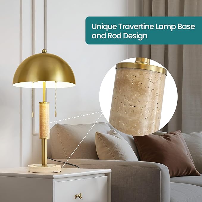 24" Modern Table Lamp for Living Room Gold Metal Nightstand Lamp with High-Grade Decorative Travertine Mid Century Table Lamp for Bedroom Side Table Bedside End Table