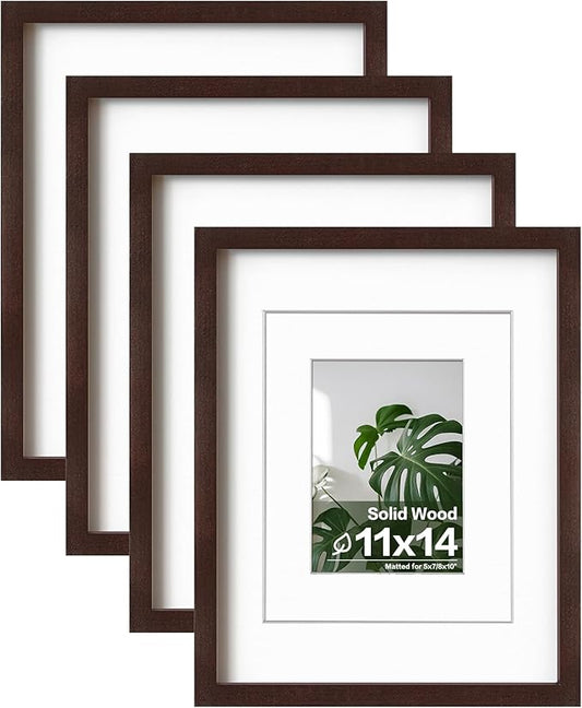 Egofine 11x14 Picture Frames Made of Solid Wood with Plexiglass, Display Pictures 5x7/8x10 with Mat or 11x14 Without Mat Set of 4 for Tabletop and Wall Mounting, Walnut Color
