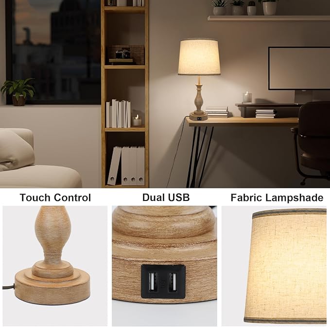 Touch Lamps for Bedrooms Set of 2, Farmhouse Table Lamp with Dual USB Charging Ports, 3 Way Dimmable Nightstand Lamps with Linen Fabric Lampshade for Bedroom (Pack 2-Beige Shade & Antique Brown)