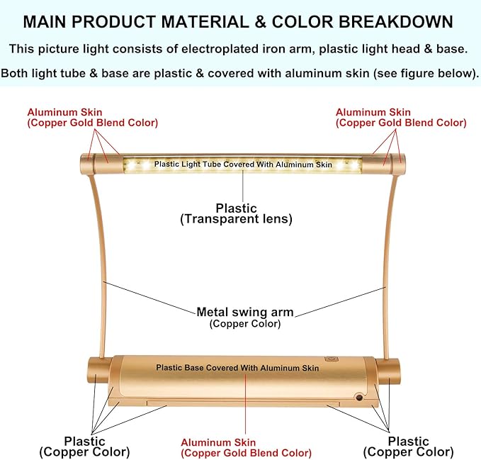 LUXSWAY Cordless Painting Light,Battery Operated Picture Light with 9 Inch Light Tube,Art Lights for Painting,Remote Control Timer Auto Off,Dimmable Accent Lighting Picture Artwork-Gold