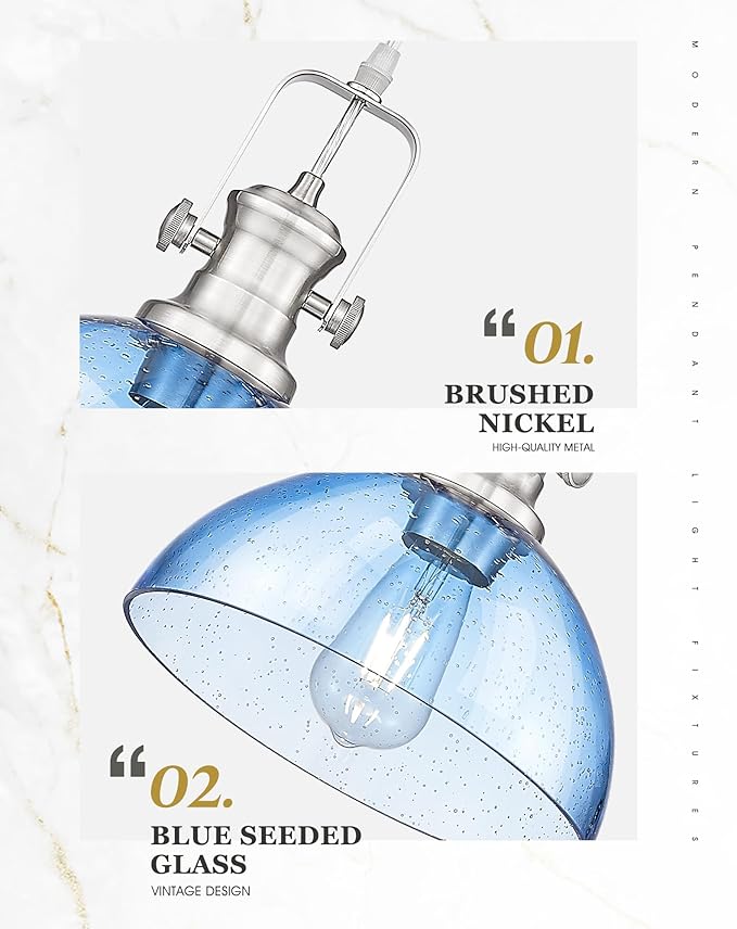 Pendant Lights Kitchen Island, 10.5" Farmhouse Pendant Lighting with Blue Seeded Glass Shade, Vintage Hanging Light Fixtures for Dining Room, Brushed Nickel, AD-22151-1PL-SN-BL